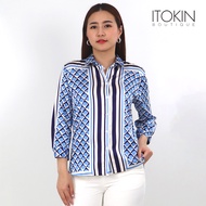 ITOKIN เสื้อเชิ้ตเนื้อผ้าซาตินแขนทรงกระบอก FIX STRIPE PATTERN SHIRT W5B179