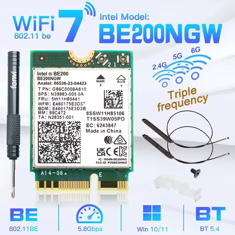 WiFi 7 for Intel BE200 Network Card Bluetooth 5.4 Tri Band 2.4/5/6GHz 8774Mbps BE200NGW M.2 Wireless