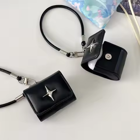 Luxury Metal Star Leather Earphone Case For Apple Airpods 4 3 Pro 2 Cover Cute Headphone Charging Ca
