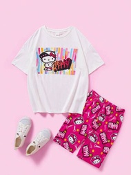 HELLO KITTY AND FRIENDS | SHEIN 適合青少女的1套休閒卡通印花寬鬆短袖T恤和單車短褲