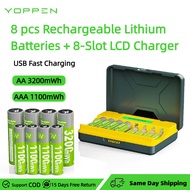 YOPPEN 8pcs AA Rechargeable Li-ion Battery+8 Slots Smart LCD Charger Set 1.5V AA/AAA 3200/1100mWh Fo