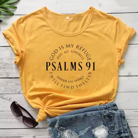 Psalm 91 100% Cotton T-shirt Casual Women Short Sleeve Christian Bible Tops Tees Scripture Unisex Je