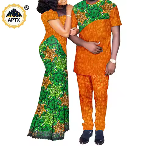 African Clothes for Couples Matching Outfits Dashiki Metallic Women Print Lace Dresses Bazin Riche M