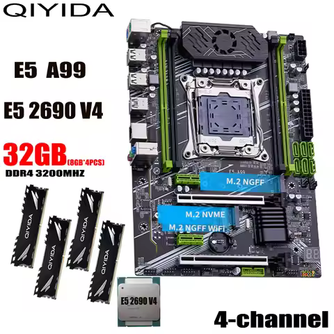 QIYIDA X99 motherboard set kit xeon LGA2011-3 E5 2690 V4 DDR4 32GB（4*8gb）3200MHz 4 channels SATA 3.0