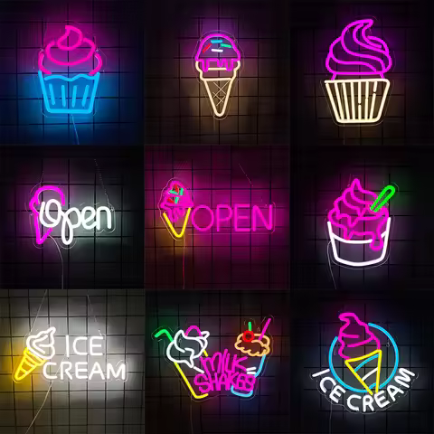 Ice Cream Neon Sign for Wall Decor,LED Neon Light Sign for Business Store Cafe Drink Shop Office Bed