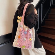 2025 New Hollow Flower Knitted Bag Seaside Holiday Beach Bag for Women Large-capacity Tote Bag Bohem