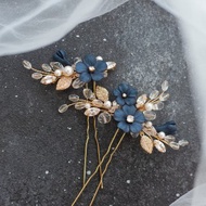 Navy blue flower jewelry set, Wedding earrings, Bridal dark hair clip set