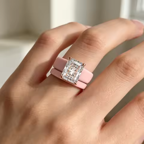 Pink Band Engagement Ring, 8ct Radiant Cut CZ Diamond Solitaire Ring, Rose Gold Plated 4 Prong Setti
