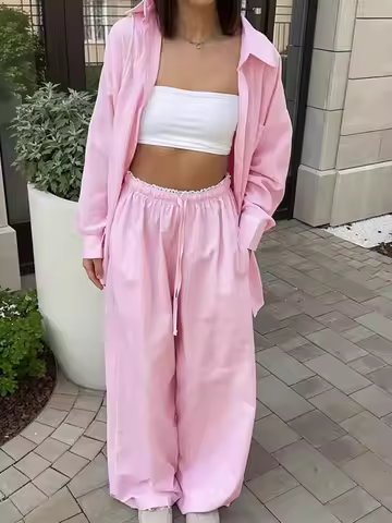 LGRQ Casual Striped Lapel Long Sleeved Shirt Wide Leg Pants 2026 Spring New Office Lady Two-piece Se