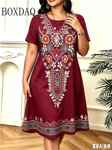 Vintage Ethnic Style Pattern 3D Print Dresses For Summer 2026 Fashion Women's Plus Size Short Sleeve