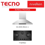 (HOOD + HOB) Tecno KA 2038 (90cm) Chimney Cooker Hood + Tecno T 738TRSV (70cm) 3 Burner Tempered Glass Cooker Hob