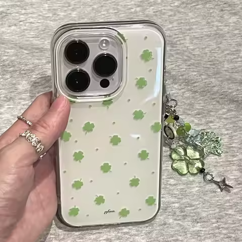 Summer Full Screen Green Lucky Four-Leaf Pendant Clover Polka Dot Glossy Case For iPhone 11 12 13 14