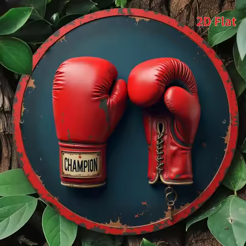 1pc Vintage Boxing Champion Iron Wall Art Sign - 7.87x7.87 Inch Round Metal Decor with Red Boxing Gl
