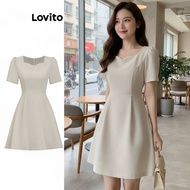 (trendy3)Lovito Casual Dress Plain Pleated Basic Dress for Women L100MD248