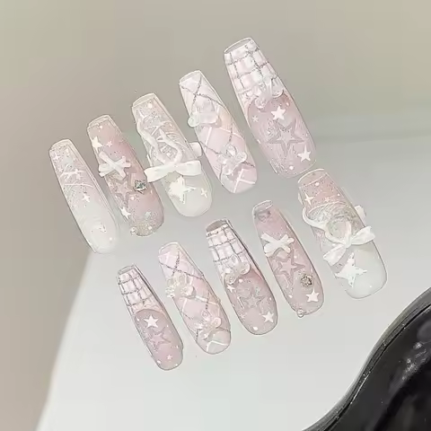 10pcs Cute Lace French Bow Handmade Almond French Press on Nails Simple Nails Full Cover Wearable Fa