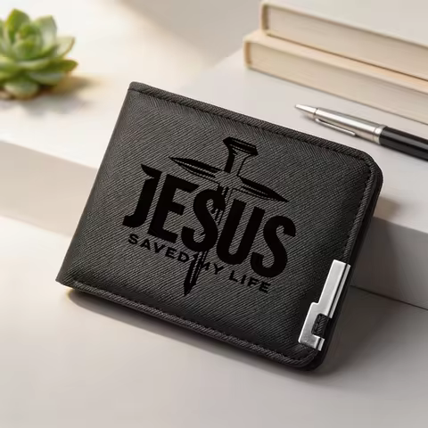 Men's Simple Wallet - New Short-Style PU Wallet, Stylish Design, Featuring a Jesus Pattern - Credit 