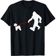 Funny Bigfoot Walking With Bichon Frise Dog Lover T-Shirt