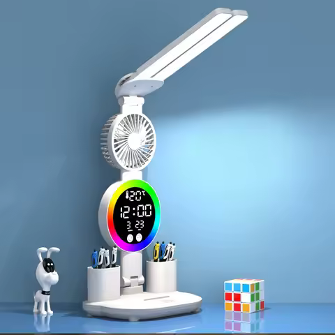 E5 Rechargeable Led Table Lamp for Study Desk Lamp Reading Light Led Night Light with Fan Led Clock
