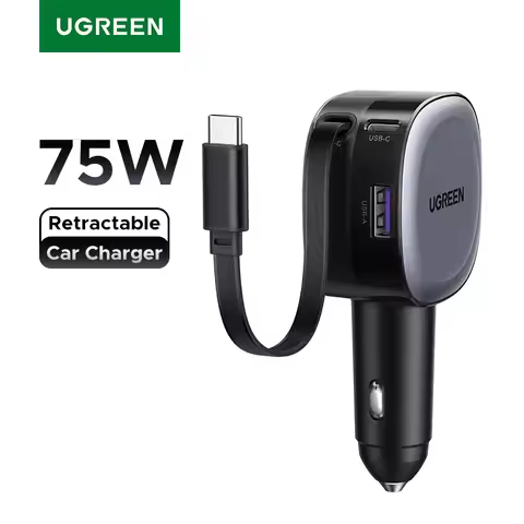 UGREEN 75W Car Charger 2 in 1 Retractable Cable SCP 25W QC PD 30W Fast Car Phone Charger For iPad iP