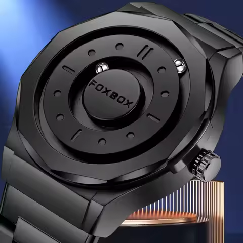 FOXBOX New Rolling Pointer Magnetic Force Waterproof Watch For Men Black Stainless Steel Sport Men Q