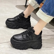 New Women Spring Leather Sneakers High Platform Sport White Shoes Tennis 8CM Wedge Heels Chunky Dad