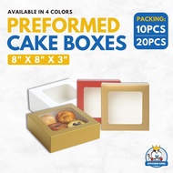 Preformed Cake Box 8x8x3 inches (White, Red, Gold, Kraft) With Window | Square Cake Pastry Box