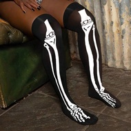 1/3/6 Pack Women's Halloween Skeleton Bone Print Over-The-Knee Socks Spooky & Stretchy Stockings For