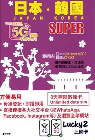 Lucky - Lucky2 日本．韓國 - 8日 無限數據卡｜支援5G/4G LTE｜首4GB高速