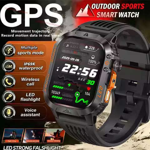 2026 New Military Grade Smart Watch Men GPS Flashlight 3ATM Waterproof Watch Bluetooth Calling 100+S
