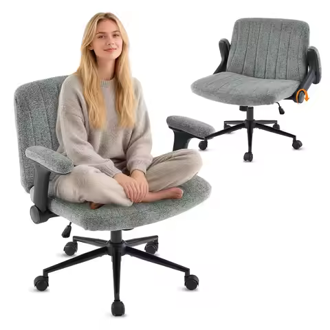 Criss Cross Chair with Adjustable Flip-Up Arms,Cross Legged Chair with Wheels, Extra Wide Office Cha