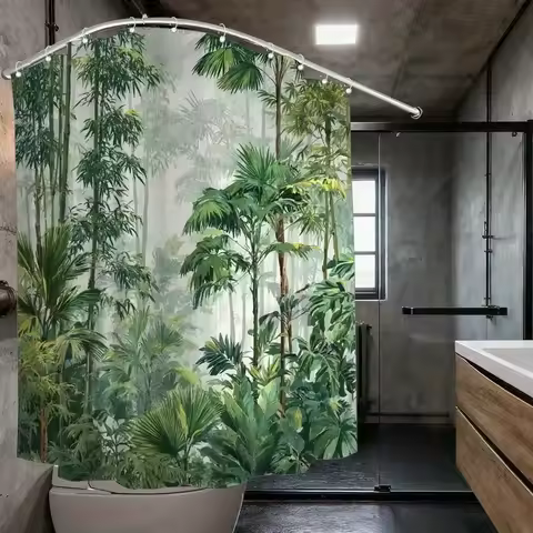 Tropical Jungle Shower Curtain – Lush Green Plants & Palm Trees, 71×71", Polyester, 12 Hooks, Spa-St