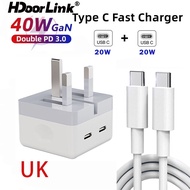 HdoorLink 40W/20W USB C Fast Charger UK Plug Dual PD Fast Charger Dual Type-c Port Adapter