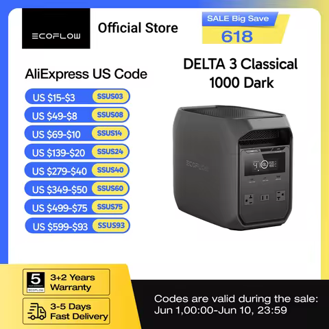 ECOFLOW Solar Generator DELTA 3 Classical Dark 1000, 1024Wh LiFePO4 Battery Portable Power Station, 