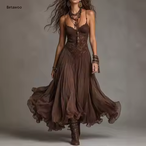 V Neck Lace Spaghetti Strap Pleated Sheer Maxi Dress Boho Western Flowy Swing Long Sundress for Wome
