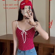 Free Shipping Taiwan Shipping Summer Hot Girl Vest Sling Summer Red Polka Dot Vest Bow Lace Top v-Ne