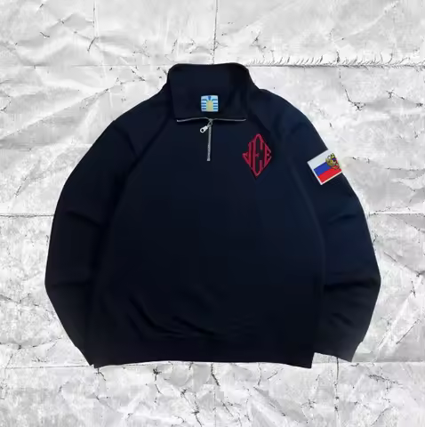 Y2K Vintage Russian Flag Embroidered Sweatshirt Stand Collar Quarter Zip Pullover Casual Sports Stre