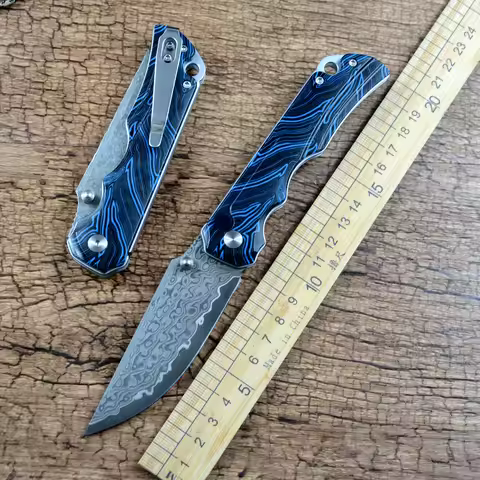 TWOSUN Pocket Folding Knife TS598 Damascus Blade Ceramic Ball Bearing Washer Blue G10 Handle Outdoor