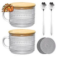 Vintage Coffee Glass Mugs Set of 2, Glass Coffee Tea Cups with Bamboo Lids, Coaster and Spoons,15Oz 