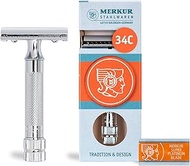 MERKUR Safety Razor 34C | Compact Handle Gloss Chrome | Three-Piece Razor with Straight Cut | Closed