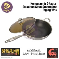 CHEFTURF KITCHEN - 32CM / 34CM / 36CM HONEYCOMB 5-LAYER STAINLESS STEEL SMOKELESS FRYING WOK