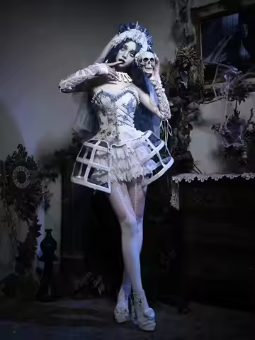 Halloween Zombie Costume Zombie Bride Gothic Rib Lace Corset Rib Corset Camisole Dress Autumn Lolita