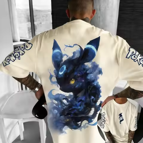 New Pokemon Cotton T Shirt with Umbreon Character Print Blue Smoke Effects and Sleeve Pokemon Text C