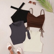 4 ชิ้น Solid Drawstring Side Cami Top & Halter Top & Tank Top, Going Out Top