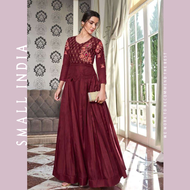 {**ส่งฟรี**} SMALL INDIA 👗 Maslin Cotton With Handwork Gown Dress ชุดเดรส 👗 Women Maroon Gown Dress