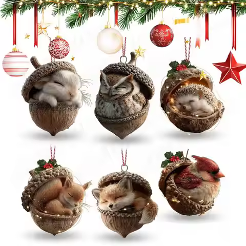 6Pcs Forest Animal Acorn Ornaments 2D Flat Acrylic Christmas Tree Hanging Decorations Nature-Themed 