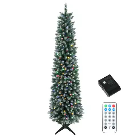 HOMCOM 8ft Pencil Prelit Christmas Tree, Dual Color, Flocked, Remote, Artificial Slim Xmas Tree with