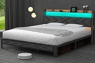 Winkalon King Size Bed Frame,King Bed Frame with Charging Station and Led Lights,Industrial Metal Platform Bed with Storage Headboard,No Box Spring Needed, Noise-Free, Easy Assembly,Gray