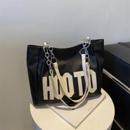 HOOTO classic black large capacity 35*26CM pu leather bag Korean popular shoulder bag white generous