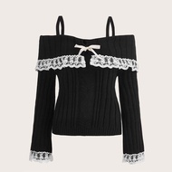 Áo len hở vai ren nơ Himekaji tương phản