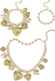 DICOSMETIC 3-Piece Vintage Heart Charm Necklaces Bracelet Set 37.8 cm Chunky Heart Necklace with 2 P